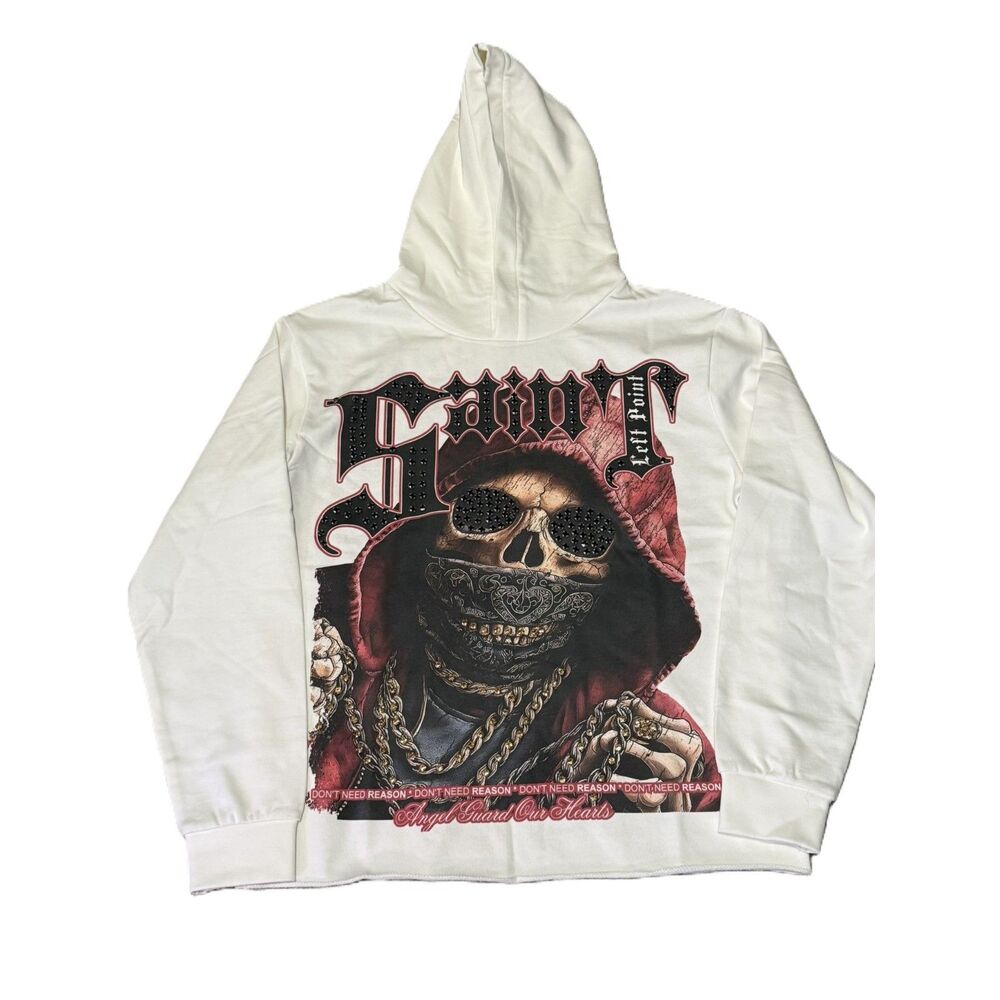 Left Point Saint Skull Rhinestone Graphic Hoodie Mens Large White NWT